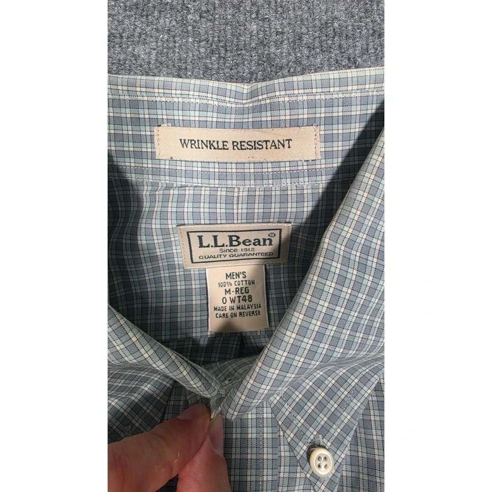 LL Bean Mens Wrinkle Resistant Button Down Shirt‎ Green Blue Check M-Reg 0WT48
